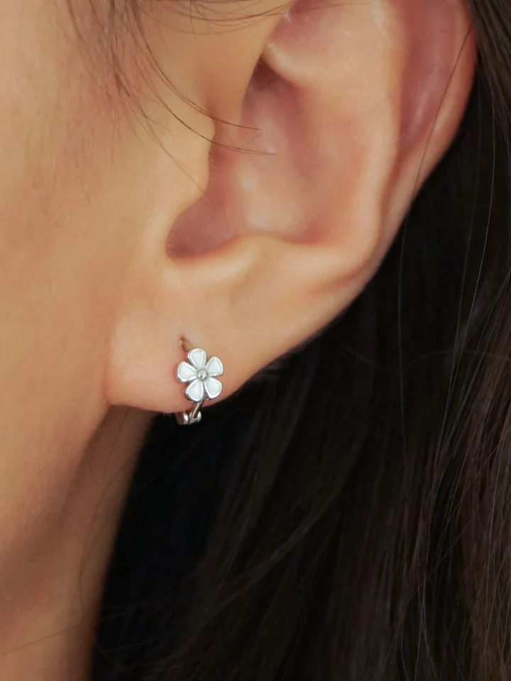 Uri Flower Tiny Huggie Earrings (Silver) - Image 2